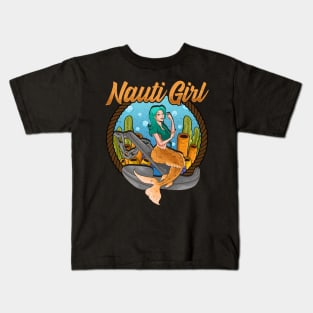 Cute Nauti Girl Mermaid Naughty Nautical Pun Kids T-Shirt